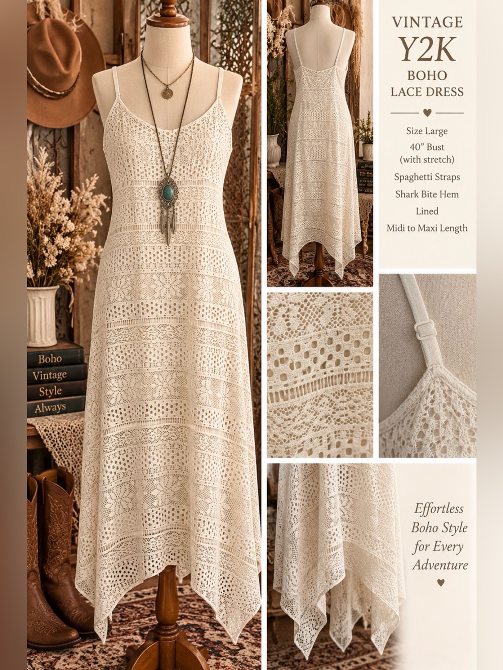 Vintage Y2K- Boho Lace Spaghetti Strap Stretch Dress - Cream -shark bite hem